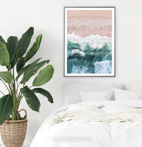 Pink Beach and Green Sea Water Aerial Photography Wall Art