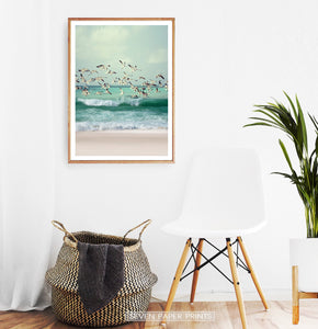Flying Seagulls Coastal Print with Green Water Waves