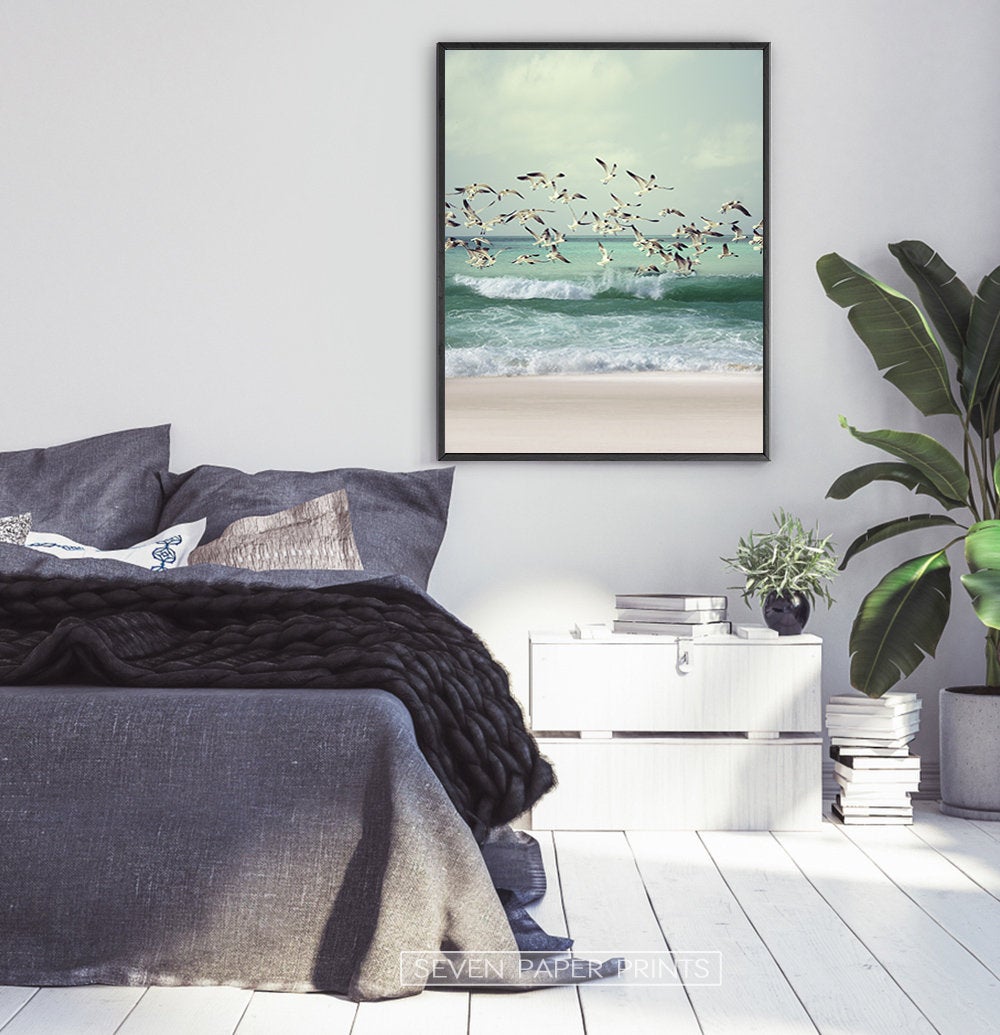Flying Seagulls Coastal Print with Green Water Waves