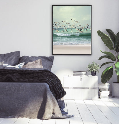 Flying Seagulls Coastal Print with Green Water Waves