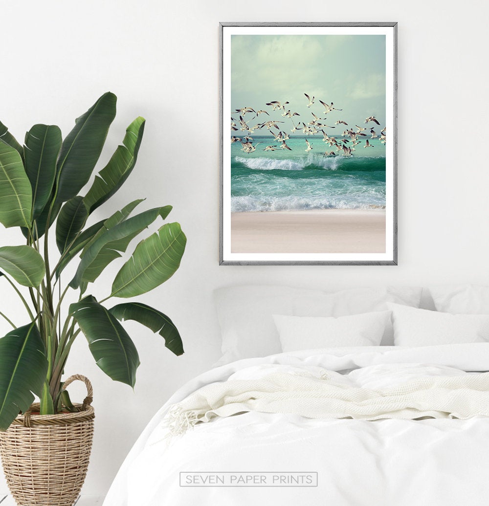 Flying Seagulls Coastal Print with Green Water Waves