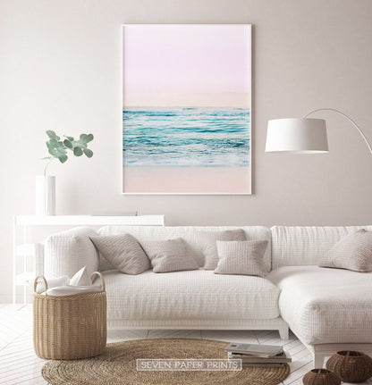 Pink Coastal Wall Art Set of 3 Prints with Ocean Beach Photo