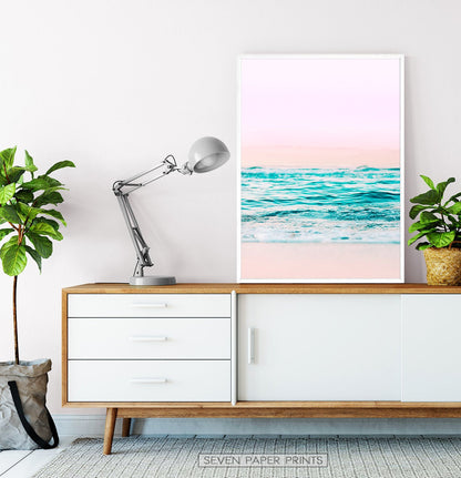 Pink Coastal Wall Art Set of 3 Prints with Ocean Beach Photo