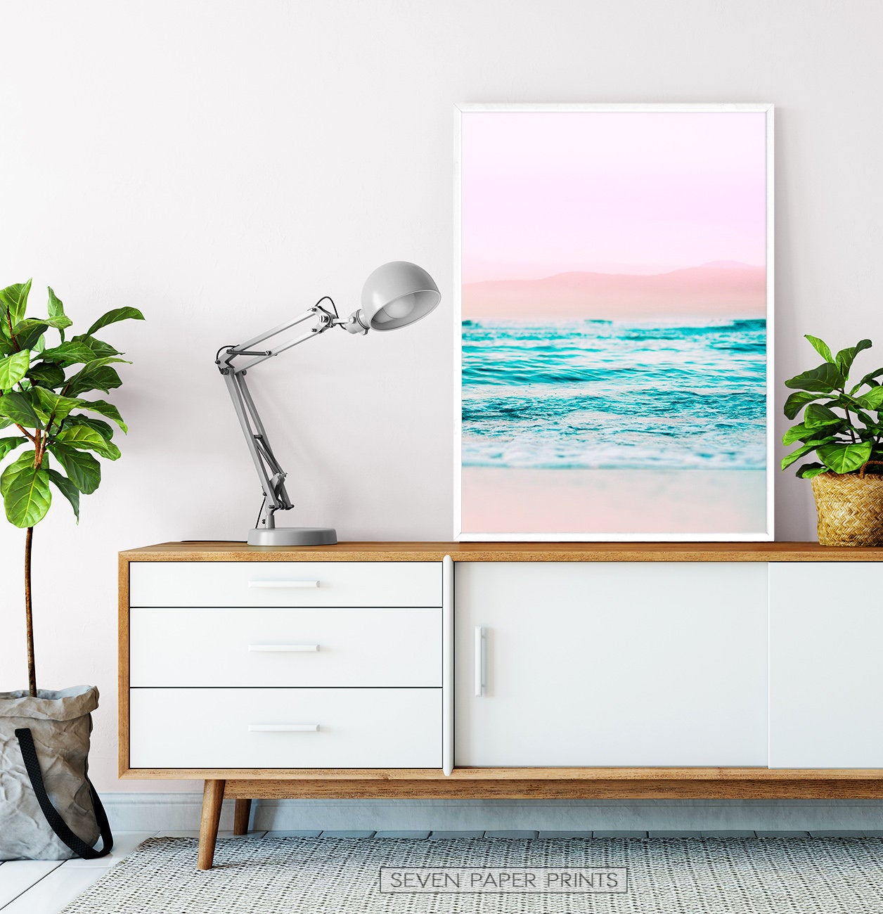Pink Coastal Wall Art Set of 3 Prints with Ocean Beach Photo