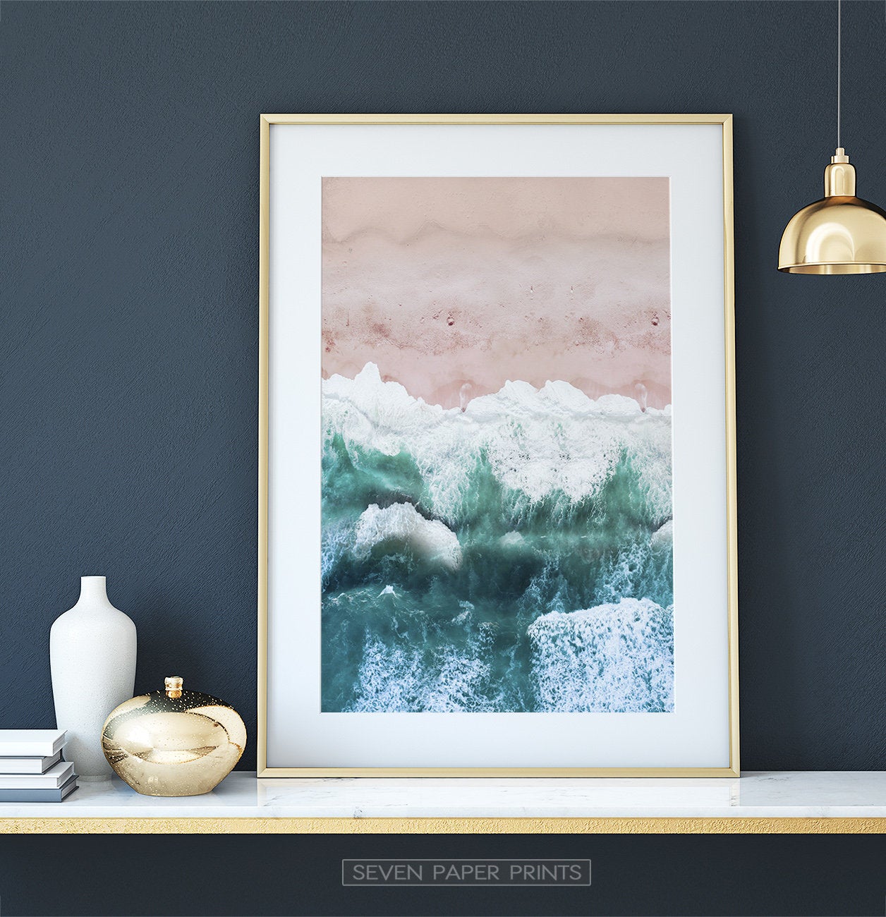 Pink Beach and Green Sea Water Aerial Photography Wall Art