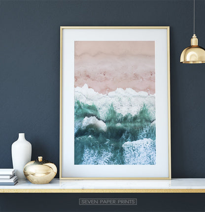 Pink Beach and Green Sea Water Aerial Photography Wall Art