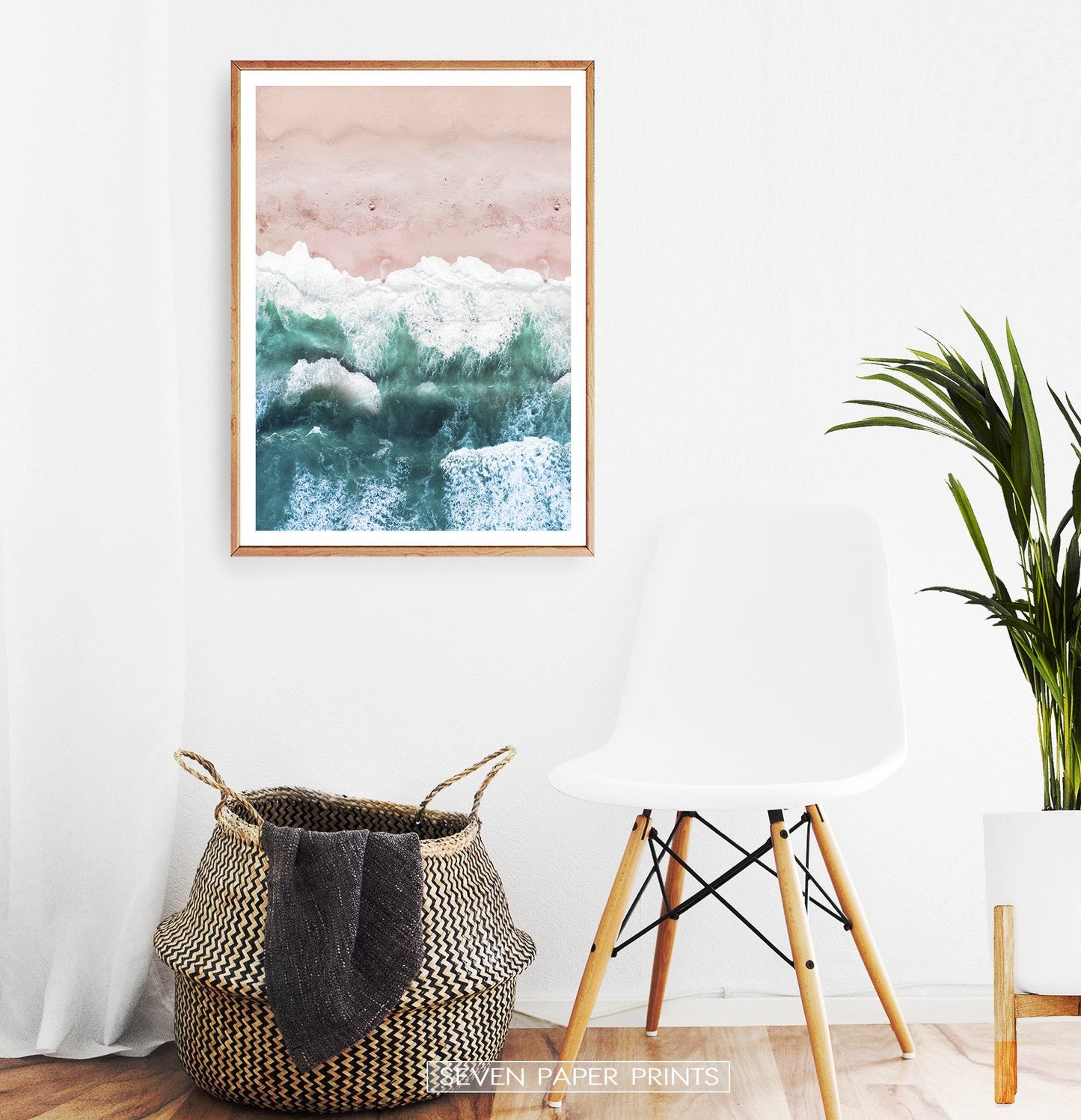 Pink Beach and Green Sea Water Aerial Photography Wall Art