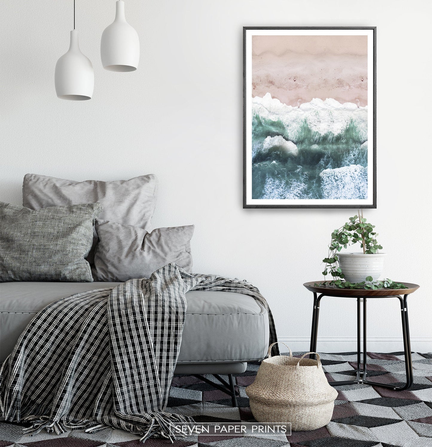 Pink Beach and Green Sea Water Aerial Photography Wall Art