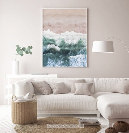 Pink Beach and Green Sea Water Aerial Photography Wall Art