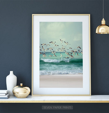 Flying Seagulls Coastal Print with Green Water Waves