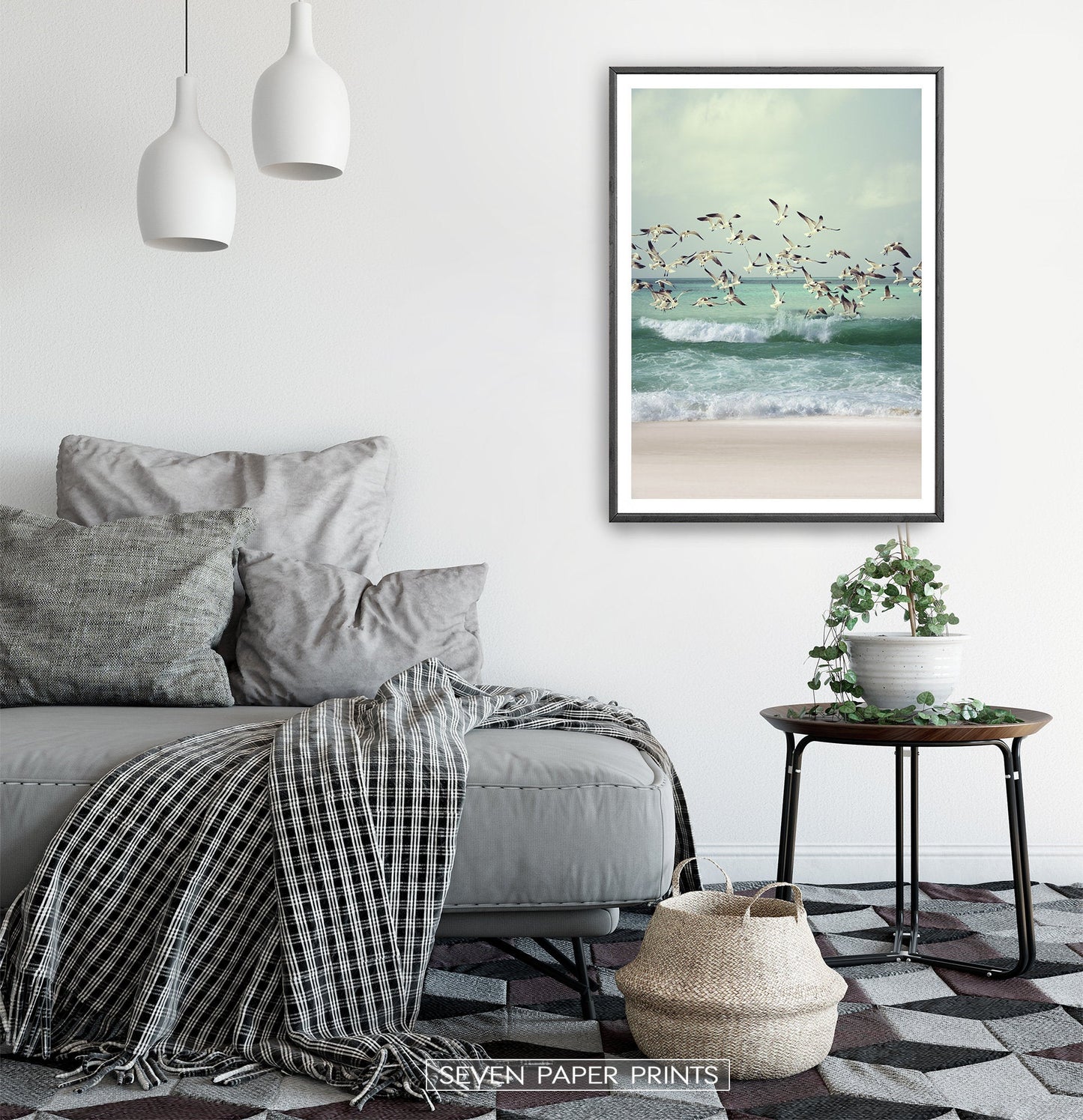 Flying Seagulls Coastal Print with Green Water Waves