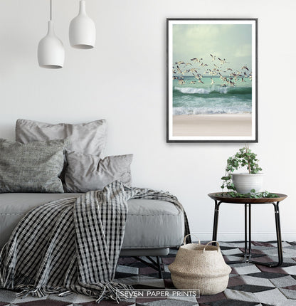 Flying Seagulls Coastal Print with Green Water Waves