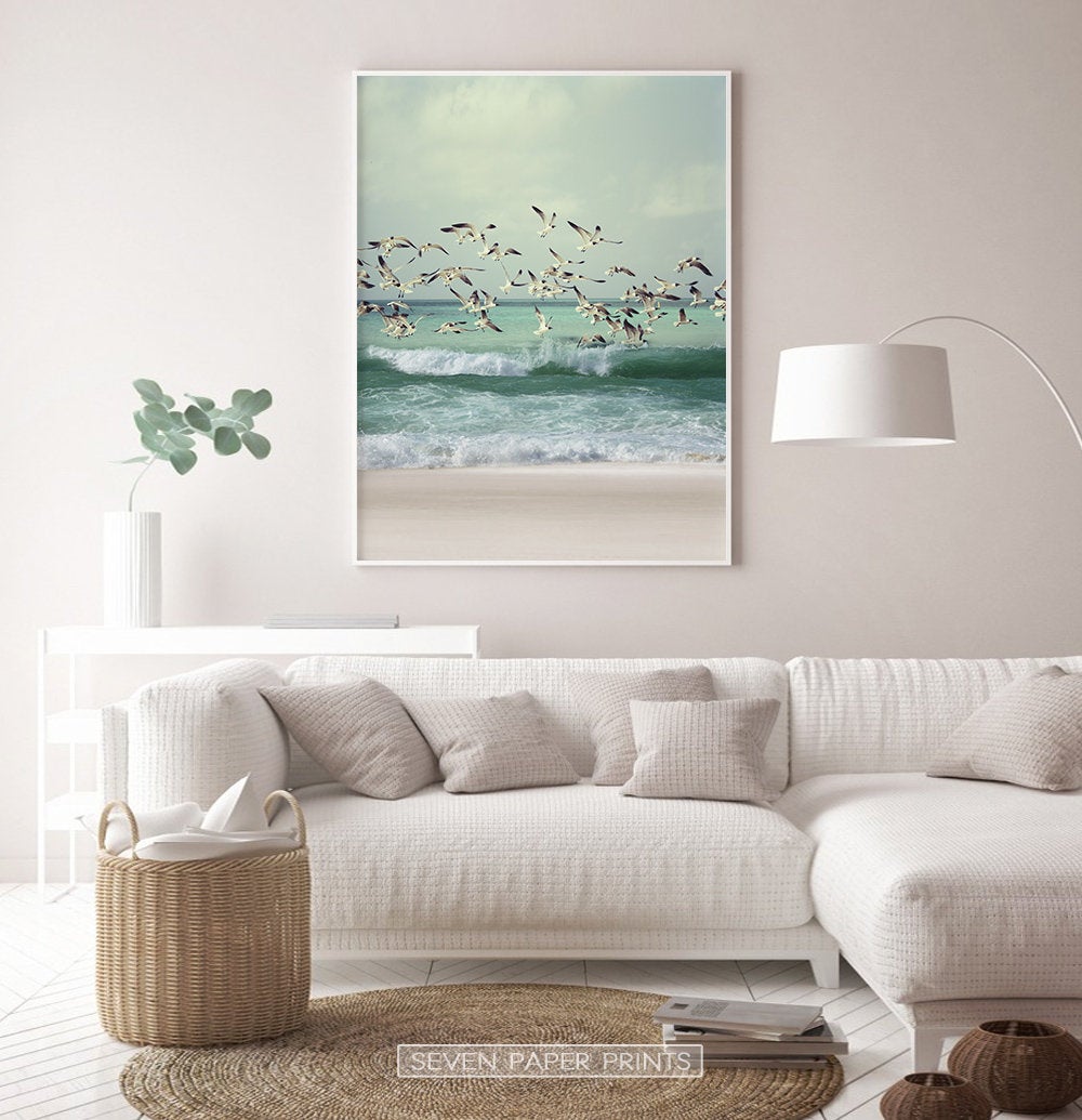 Flying Seagulls Coastal Print with Green Water Waves