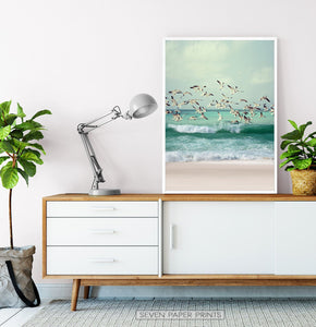 Flying Seagulls Coastal Print with Green Water Waves