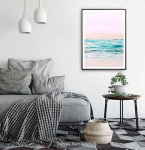 Pink Coastal Wall Art Set of 3 Prints with Ocean Beach Photo