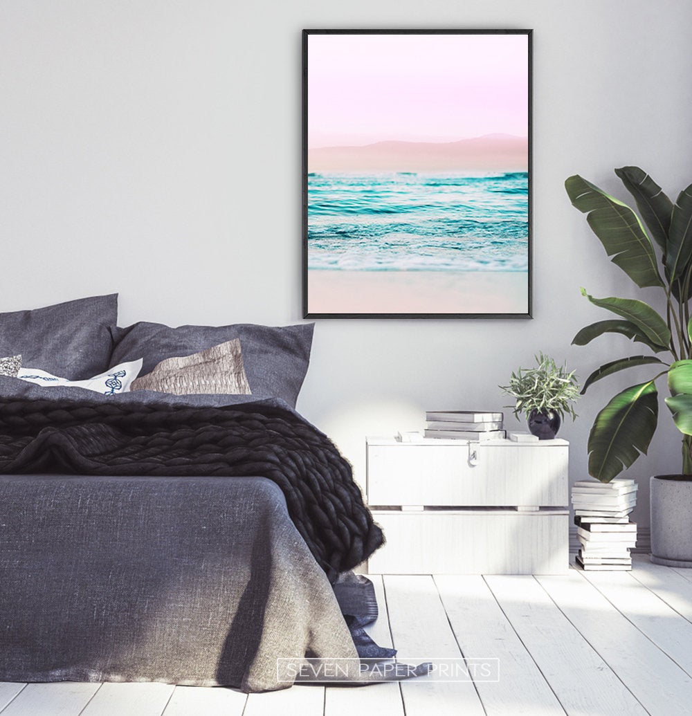 Pink Coastal Wall Art Set of 3 Prints with Ocean Beach Photo