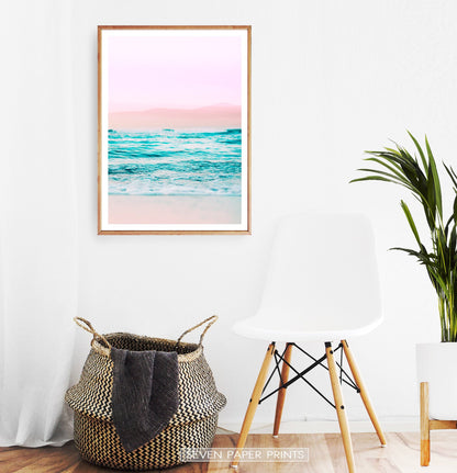 Pink Coastal Wall Art Set of 3 Prints with Ocean Beach Photo