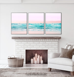 Pink Coastal Wall Art Set of 3 Prints with Ocean Beach Photo