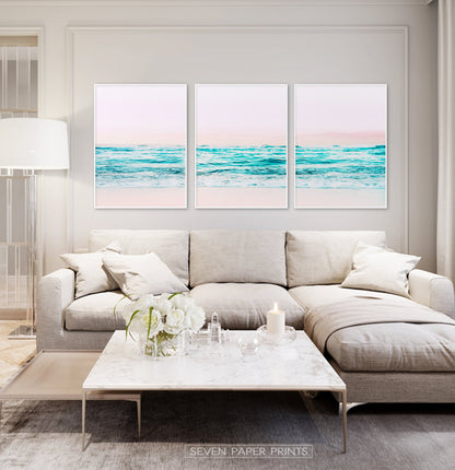 Pink Coastal Wall Art Set of 3 Prints with Ocean Beach Photo