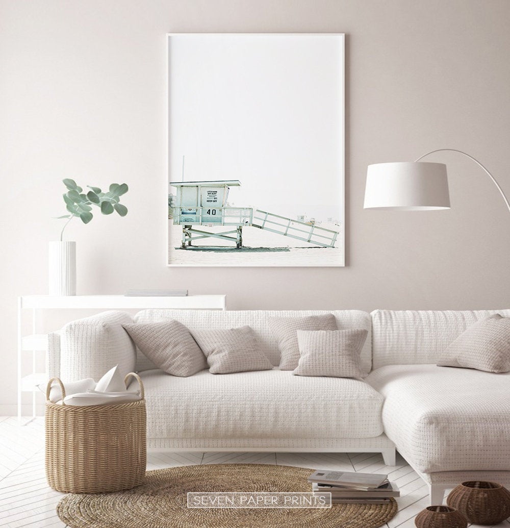 Clean Living Room Decor with California Beach Photo