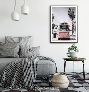 VW Pink Retro Bus Art Print with Front View