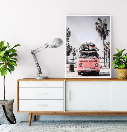 VW Pink Retro Bus Art Print with Front View
