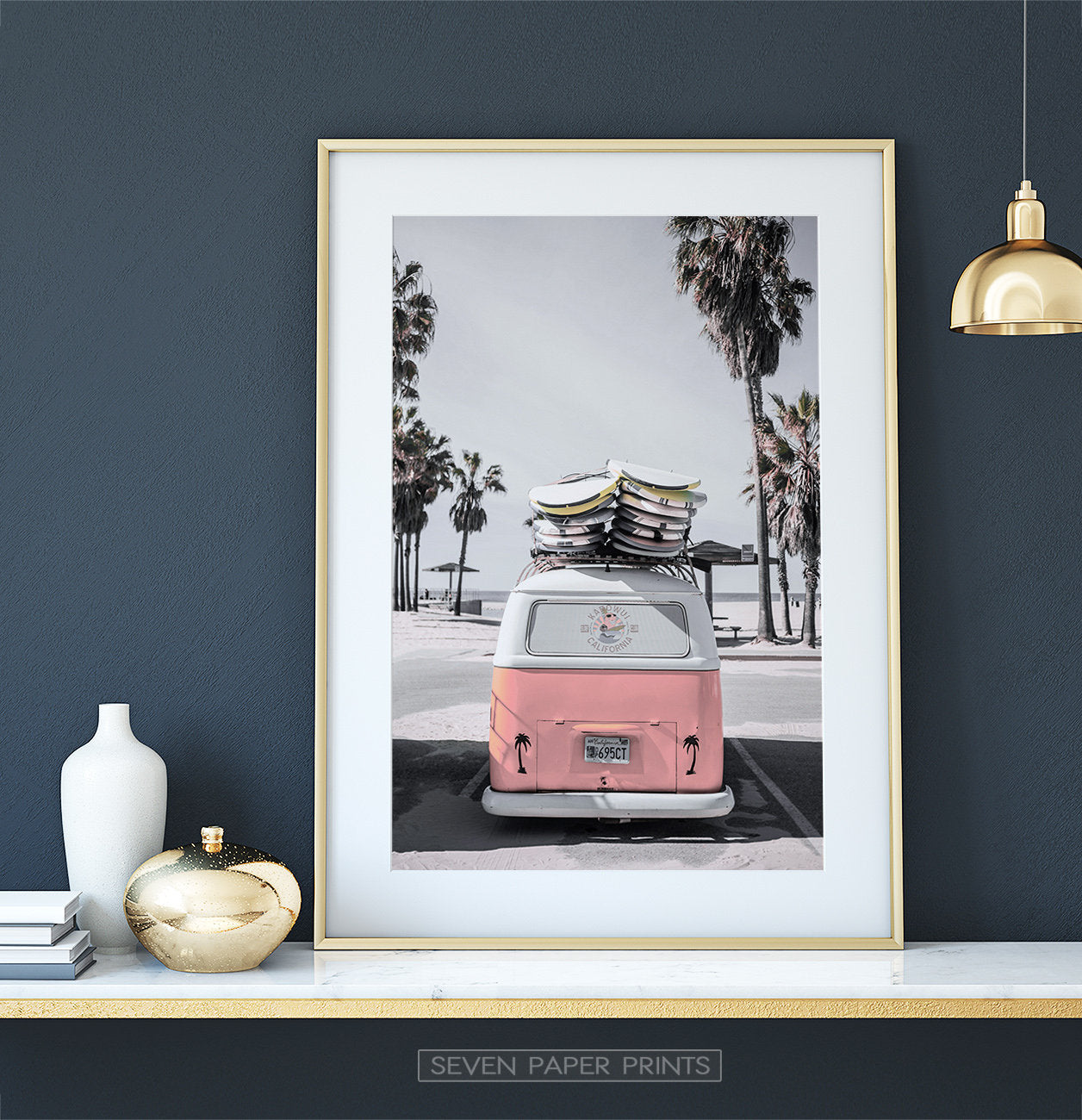 Beach Poster Art with Retro VW Bus
