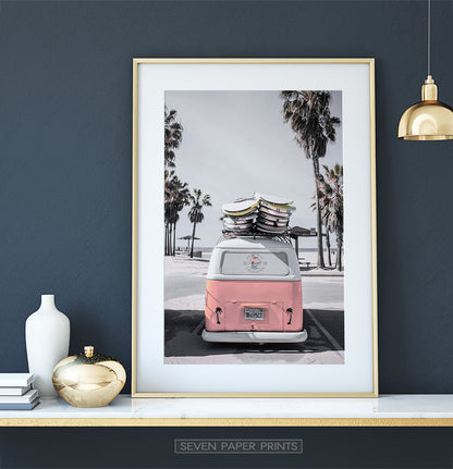 Beach Poster Art with Retro VW Bus