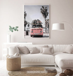 VW Pink Retro Bus Art Print with Front View