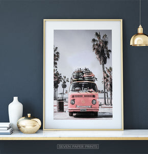 VW Pink Retro Bus Art Print with Front View