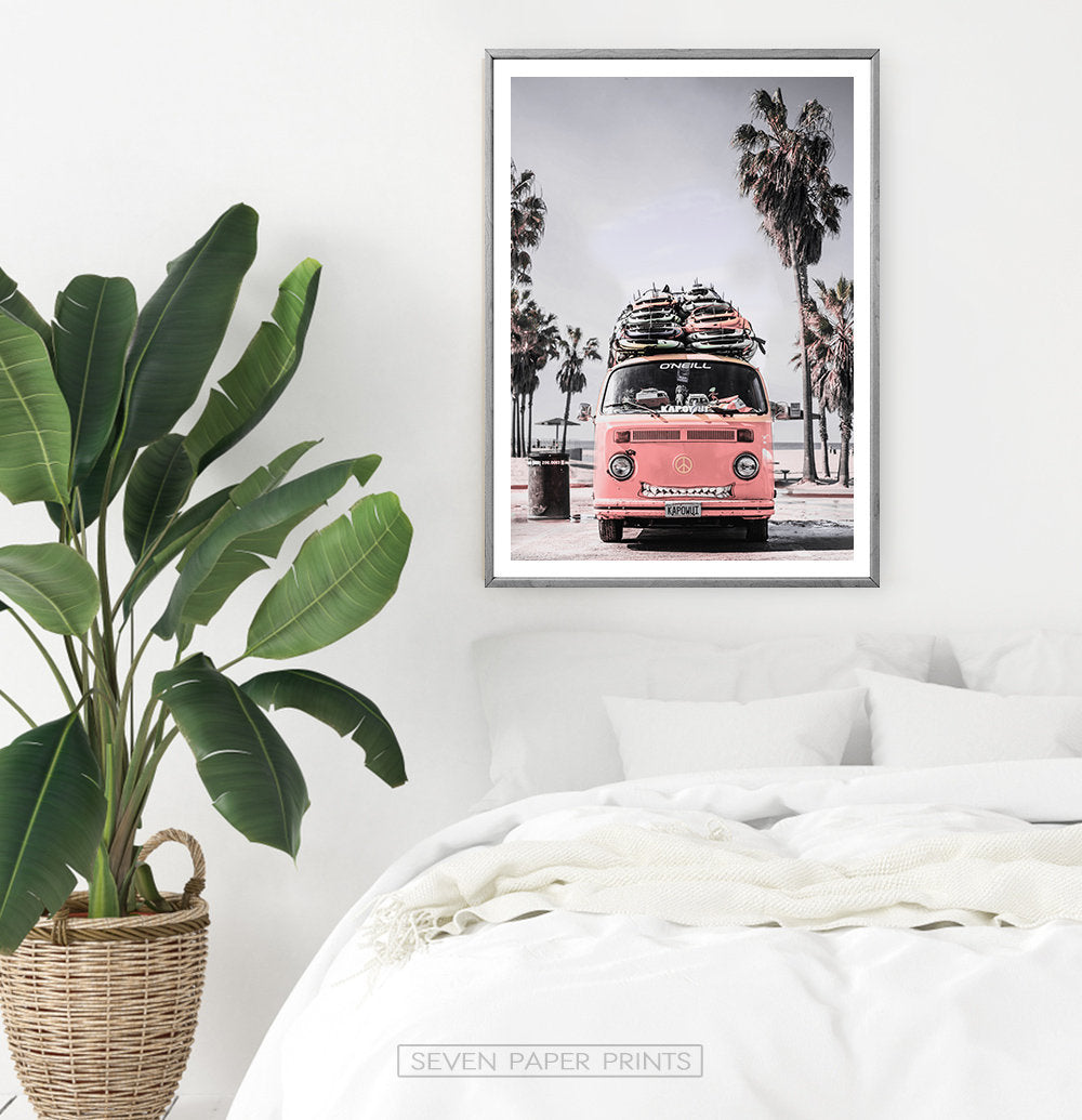 VW Pink Retro Bus Art Print with Front View