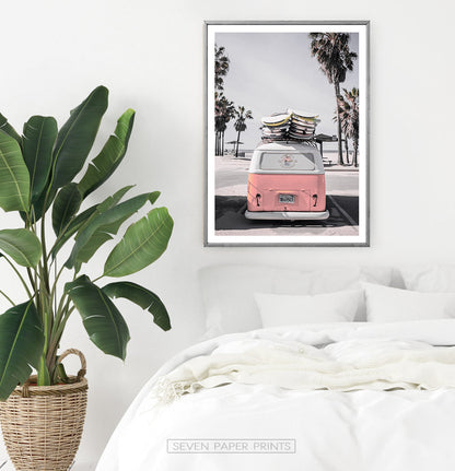 Beach Poster Art with Retro VW Bus