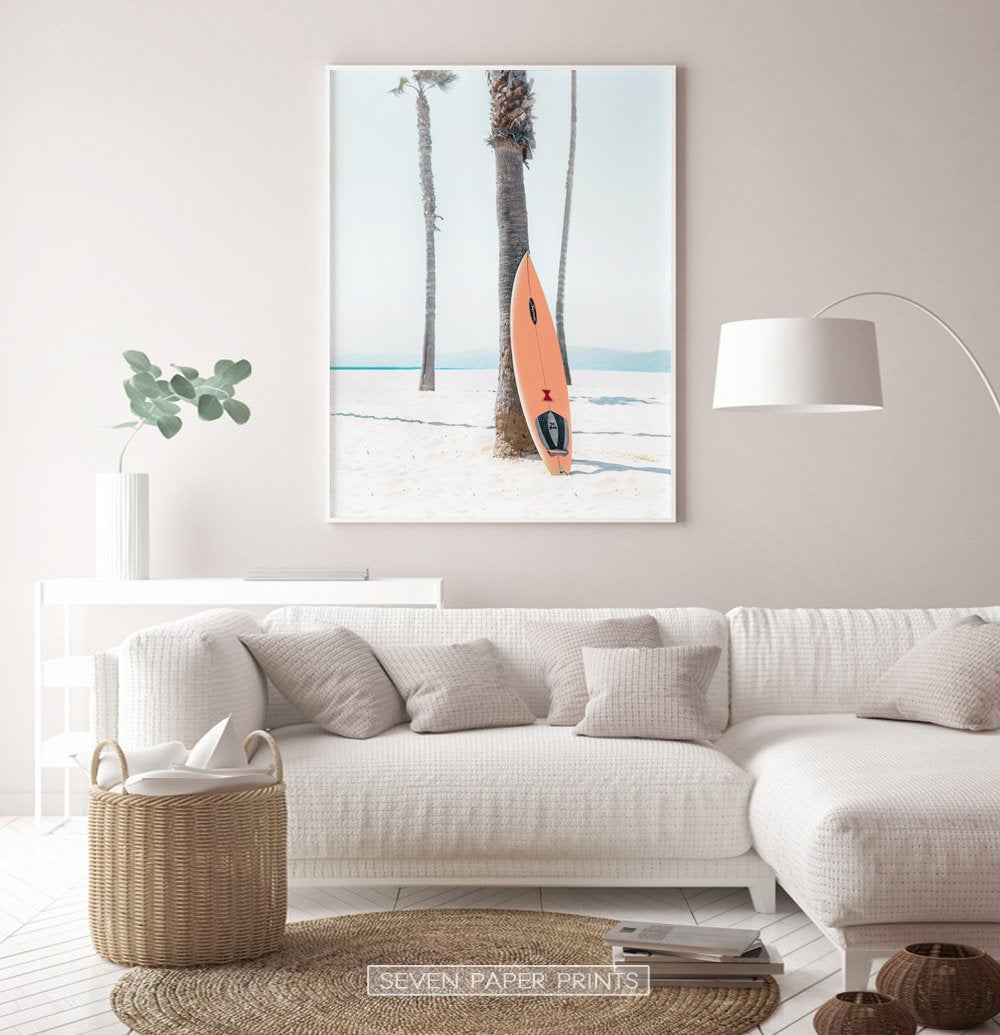 Orange Surfboard Wall Art with Tropical Palm Tree