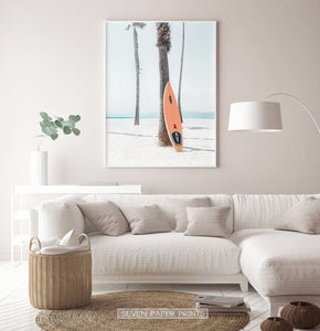 Orange Surfboard Wall Art with Tropical Palm Tree