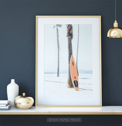 Orange Surfboard Wall Art with Tropical Palm Tree