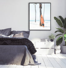 Load image into Gallery viewer, Orange Surfboard Wall Art with Tropical Palm Tree
