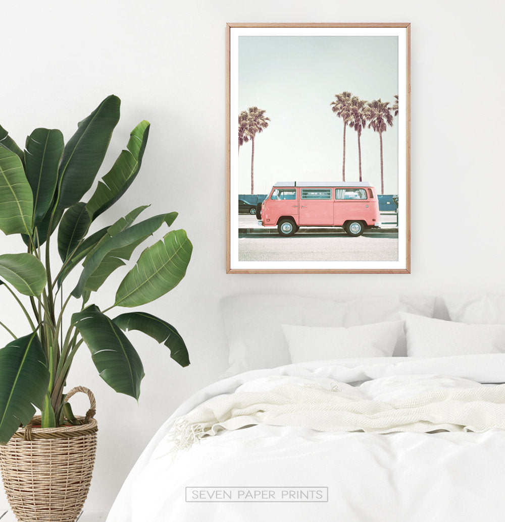 Pink Bus California Palm Beach Wall Art