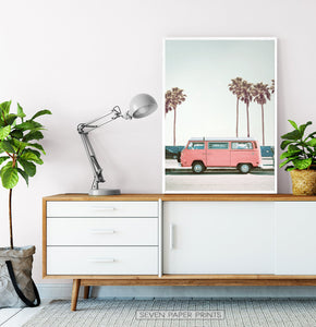 Pink Bus California Palm Beach Wall Art