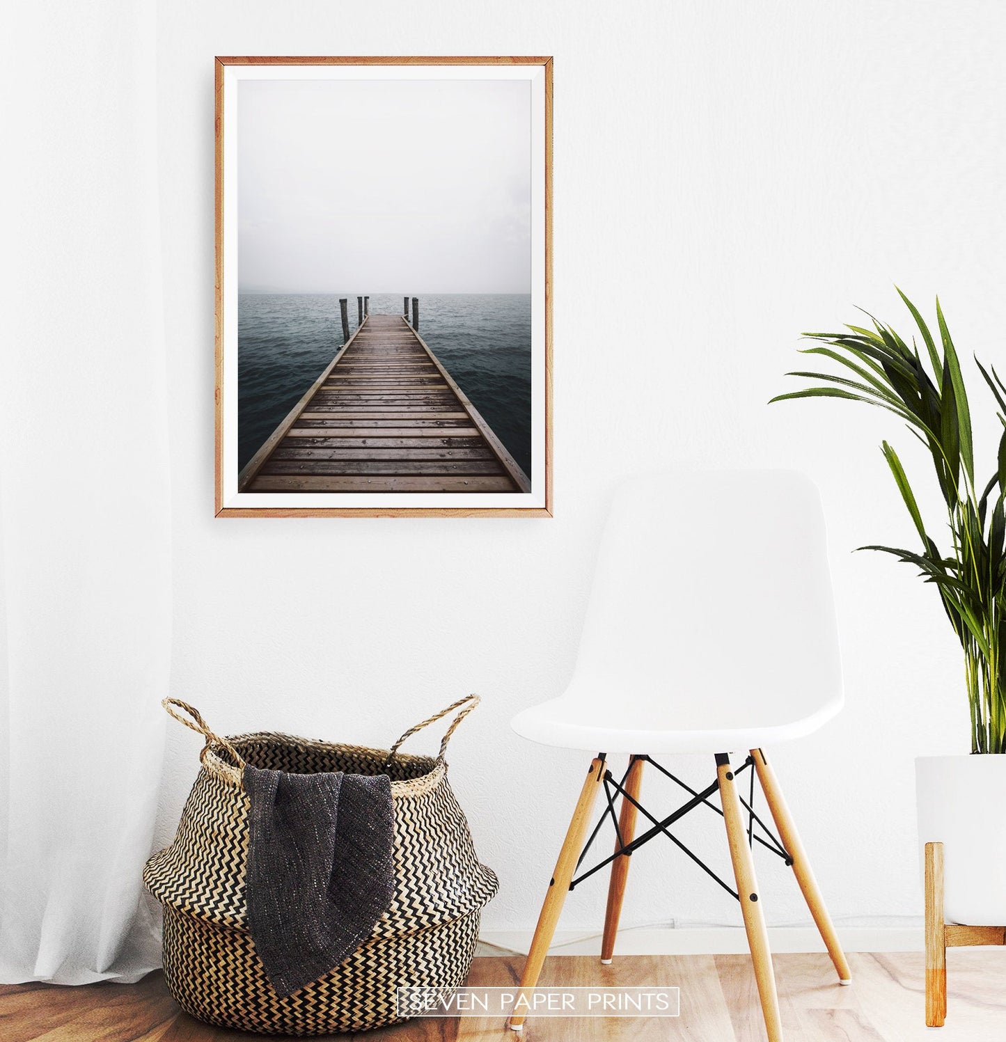 Minimalist Wooden Pier Print with Coastal Landscape
