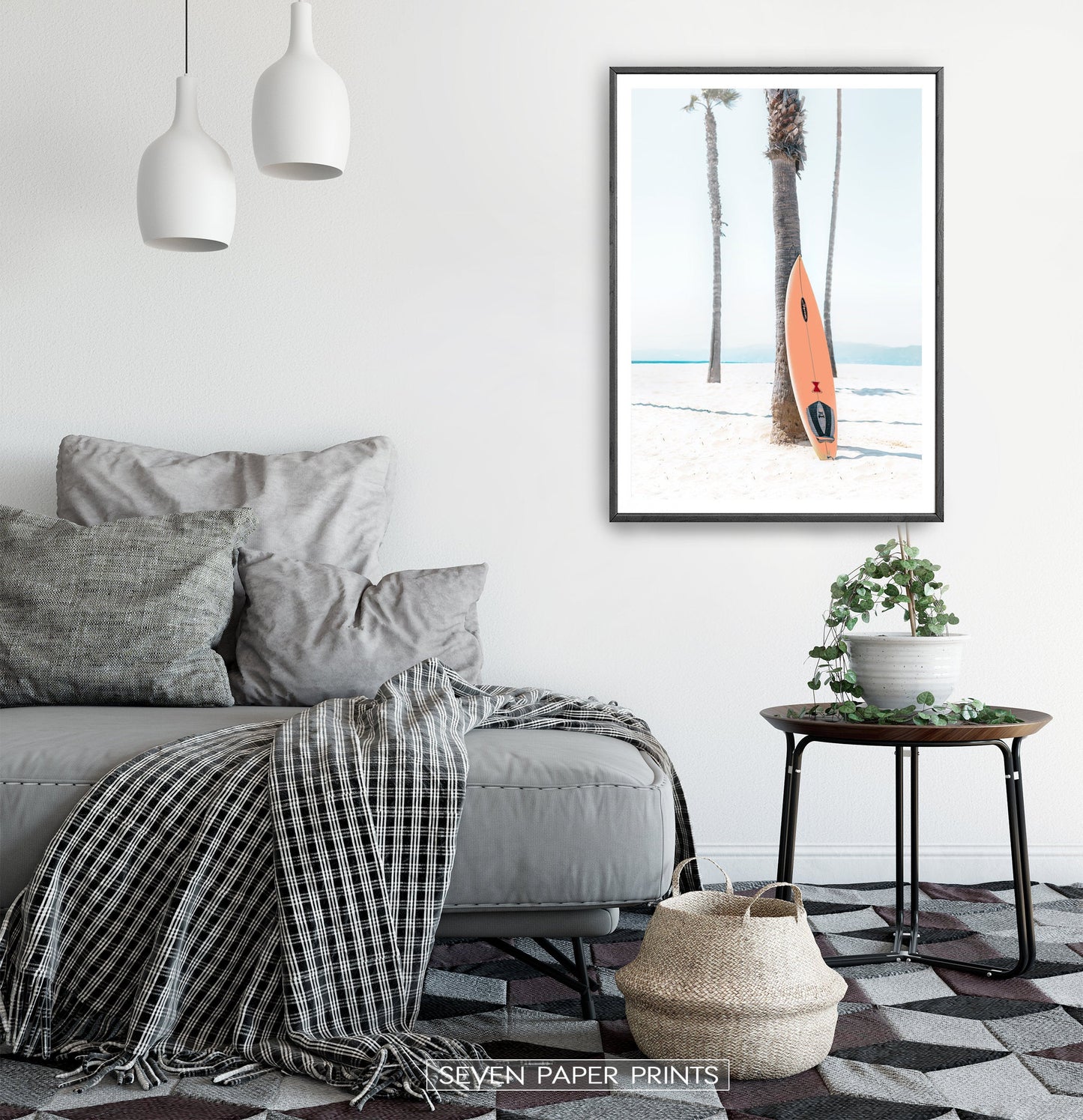 Orange Surfboard Wall Art with Tropical Palm Tree