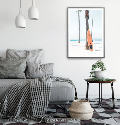 Orange Surfboard Wall Art with Tropical Palm Tree