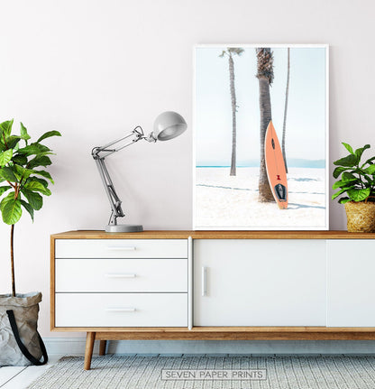 Orange Surfboard Wall Art with Tropical Palm Tree