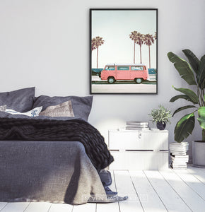 Pink Bus California Palm Beach Wall Art