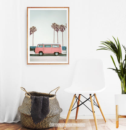 Pink Bus California Palm Beach Wall Art