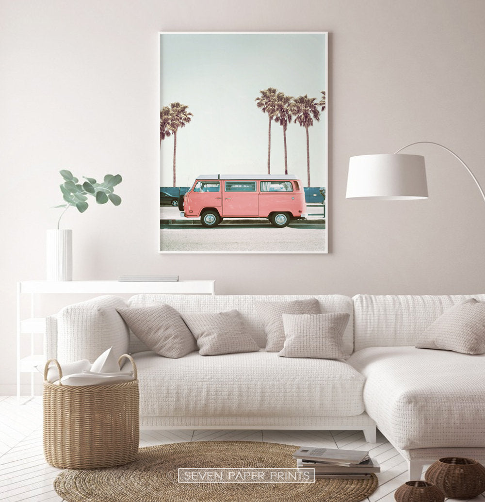 Pink Bus California Palm Beach Wall Art