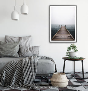 Minimalist Wooden Pier Print with Coastal Landscape