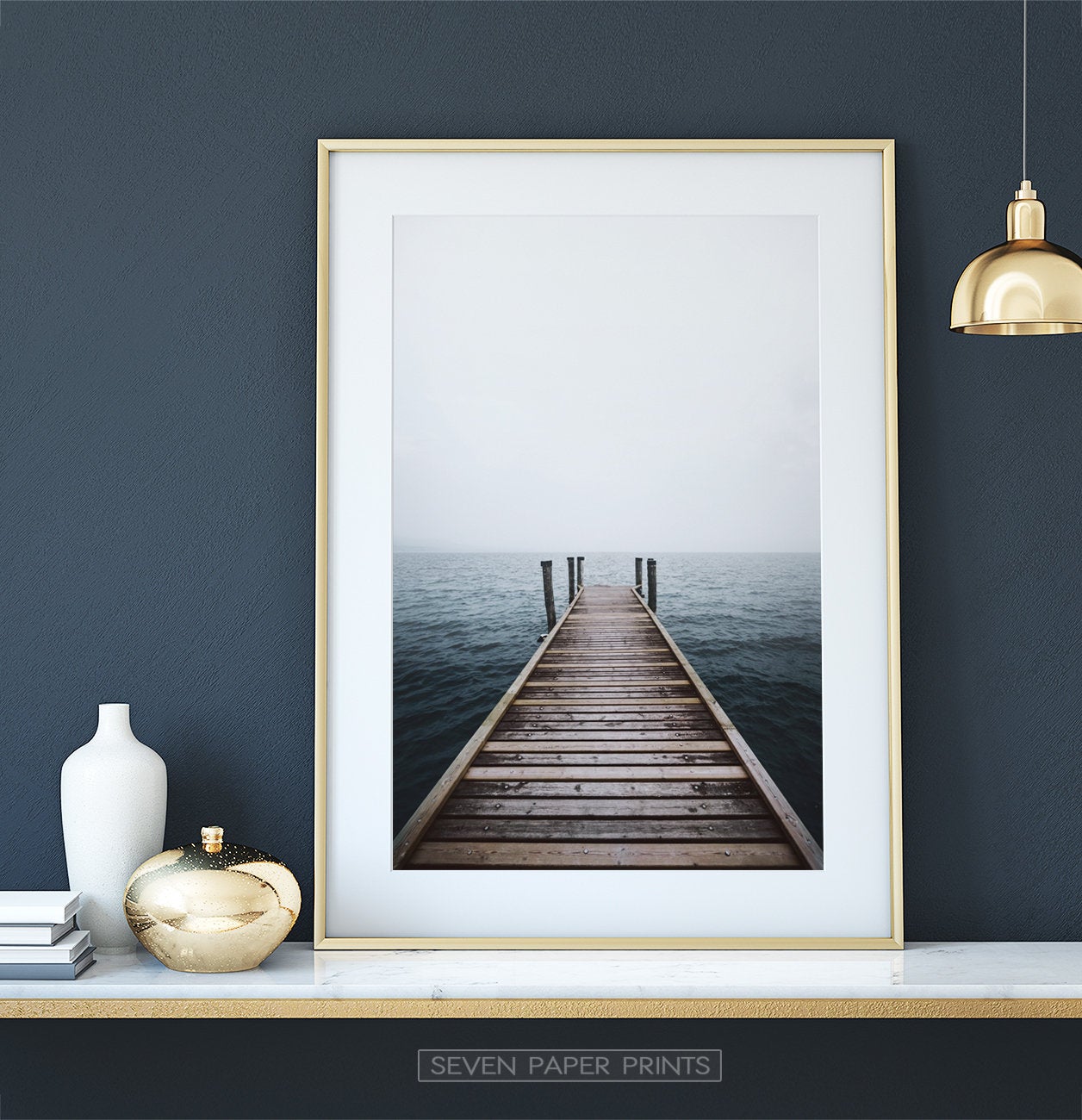 Minimalist Wooden Pier Print with Coastal Landscape