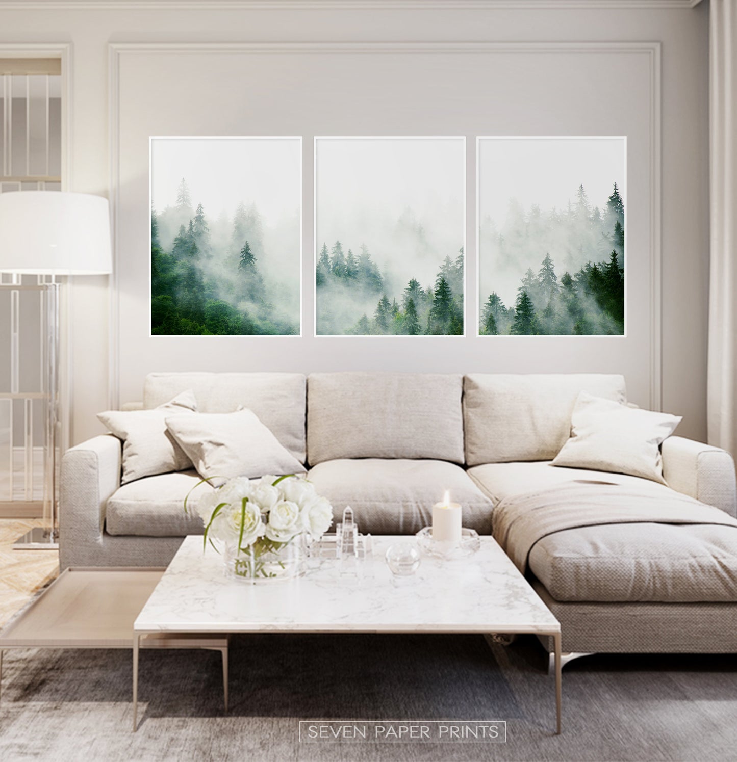 Set of 3 Foggy Forest Prints with Green Pine Trees