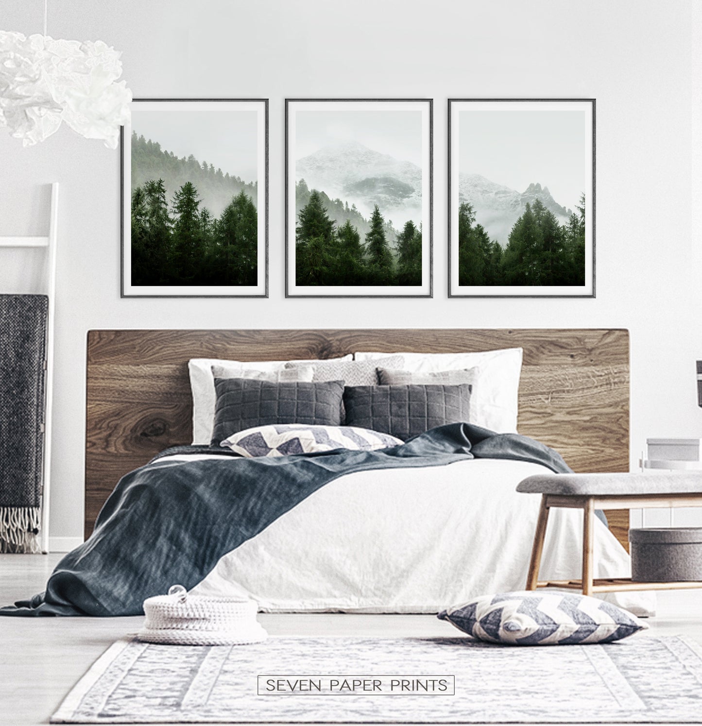 Set of 3 Green Mountain Forest Landscape Prints