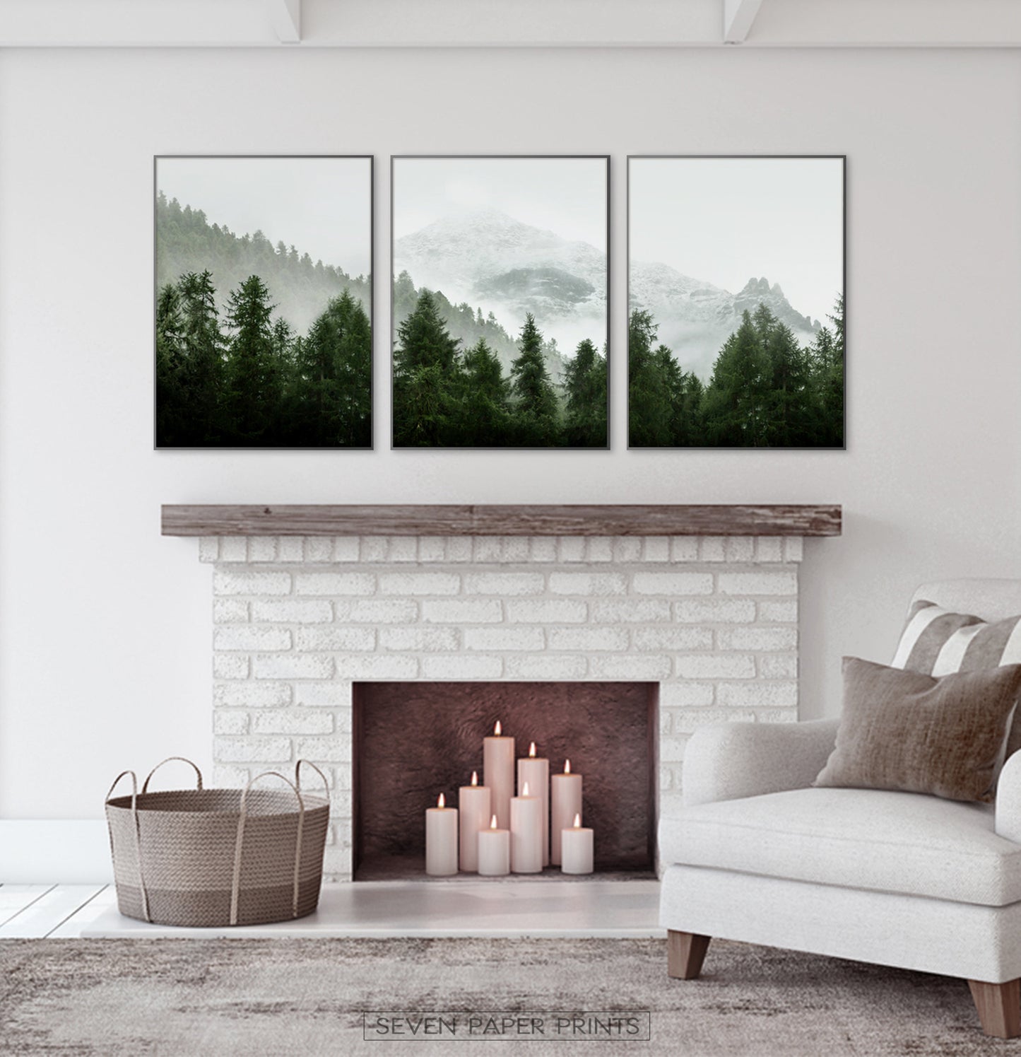 Set of 3 Green Mountain Forest Landscape Prints